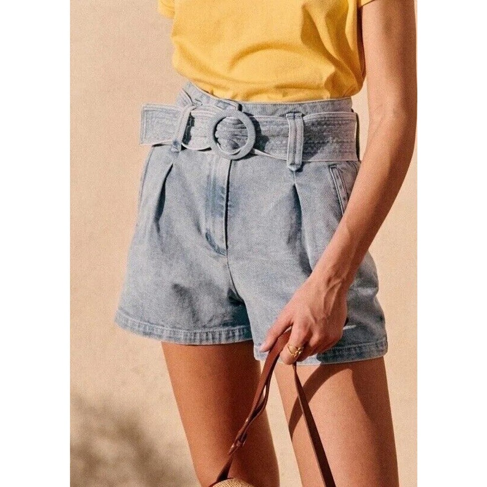 SEZANE DEIA SHORTS SNOW BLUE Denim Belt High Waist SIZE 40 US 8